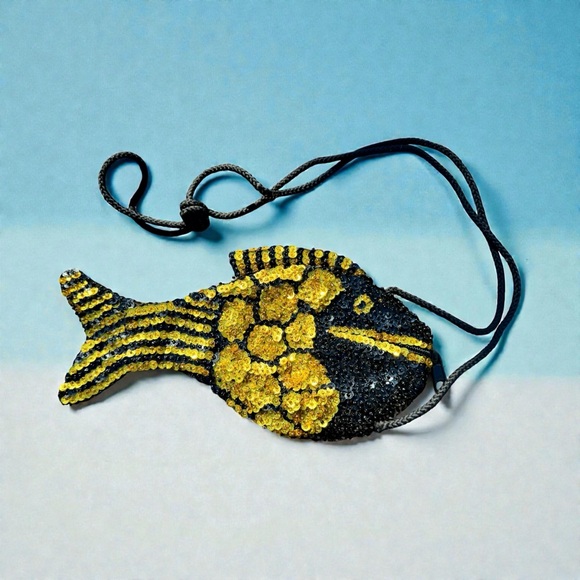 Vintage Handbags - Vtg Sequin Fish Bag Gold Beaded Crossbody Shoulder Resort Beach 70s 80s Boho
